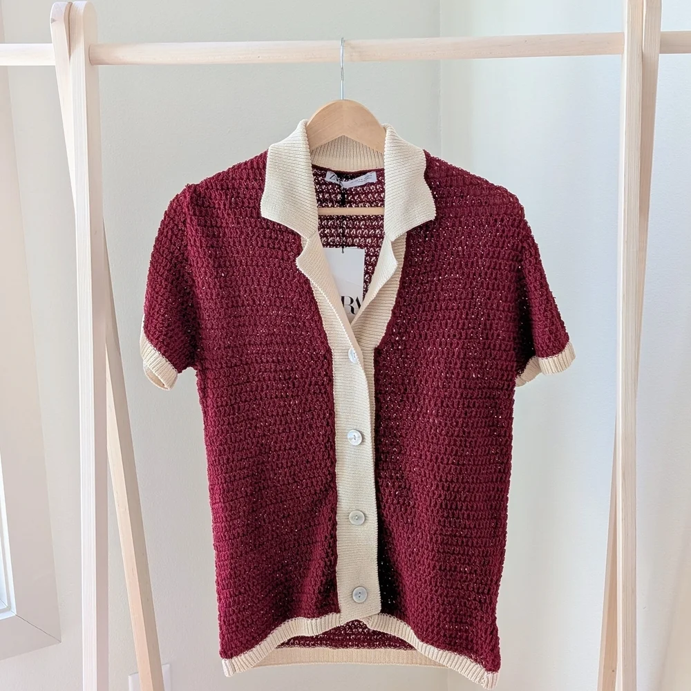 NWT Zara Open Knit Button Front Collared Polo Cardigan In Burgundy/Cream - S/M